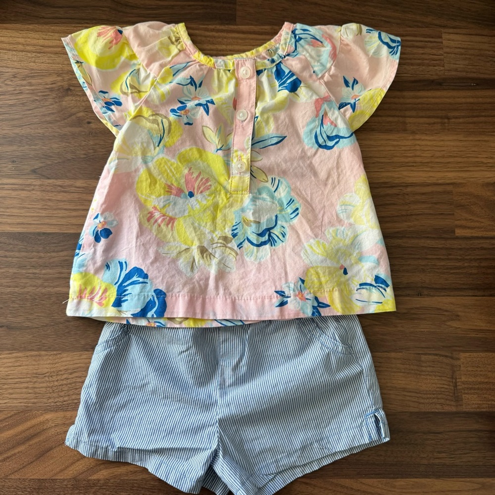 Carter’s Light Pink Floral Top and Blue Striped Shorts Summer Outfit - 3 Months